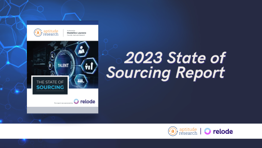Dark navy background with the report thumbnail image on the left and words on the right reading "2023 state of sourcing report"